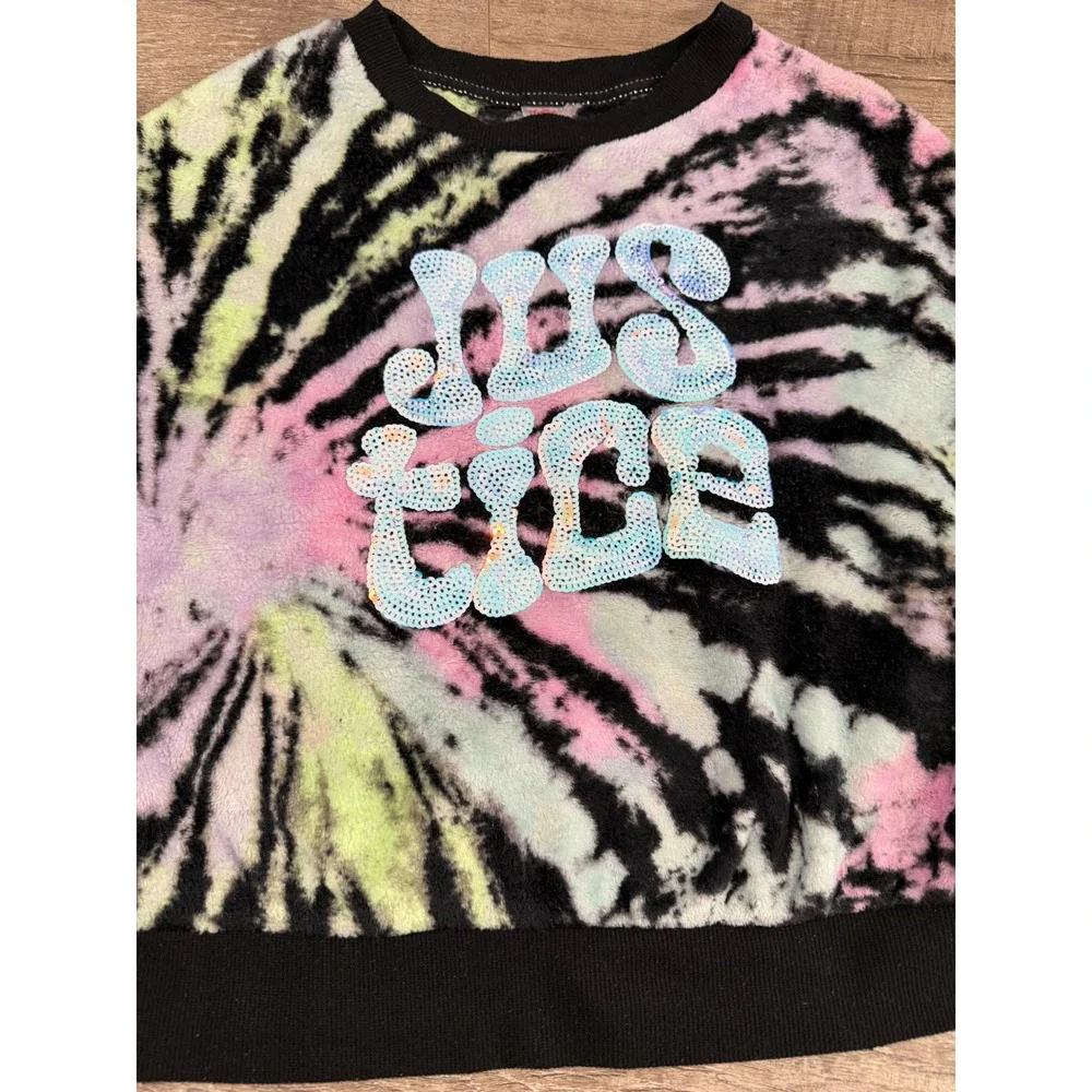Justice Girl's Faux Fur Tie Dye Sequin Logo Sweatshirt Multi Color Size M 10